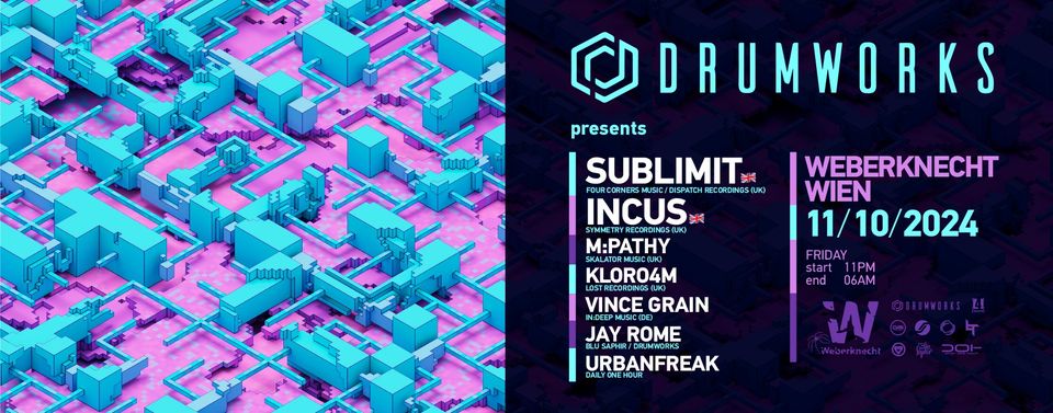 Drumworks presents Sublimit (Dispatch) & Incus (Symmetry) am 11. October 2024 @ Weberknecht.