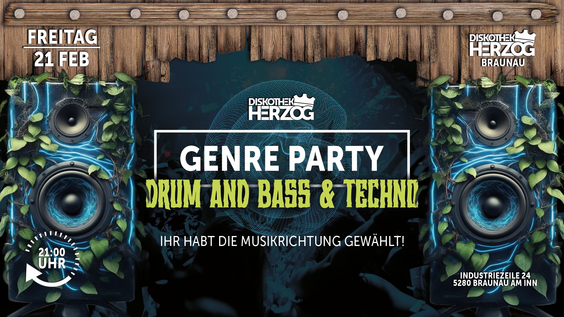 Genre Party - Drum and Bass & Techno am 21. February 2025 @ Diskothek Herzog Braunau.